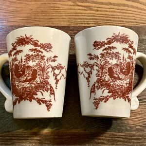 Lovely (set of 2) French Country Burgundy Toille Patterned Rooster Ceramic Mugs